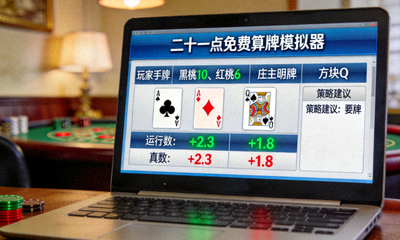 电脑上运行二十一点免费算牌模拟器的界面截图：显示牌局、运行数与真数，以及策略建议
