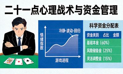 二十一点心理战术与资金管理文章配图，展示冷静思考的玩家、情绪曲线图与科学的资金分配表