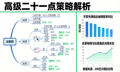 高级二十一点策略解析教程配图，展示复杂的牌局决策树与概率分析图表