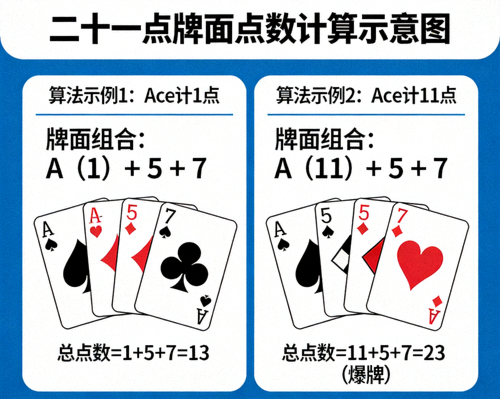 二十一点牌面点数计算示意图 - 展示Ace牌作为1或11点的不同算法示例